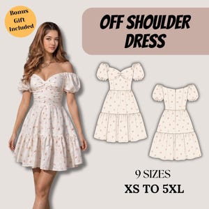 May include: An off-shoulder dress with a sweetheart neckline and puff sleeves, featuring a small floral print. The image includes a technical sketch of the front and back of the dress, the text "OFF SHOULDER DRESS", "9 SIZES XS TO 5XL", and "Bonus Gift Included".