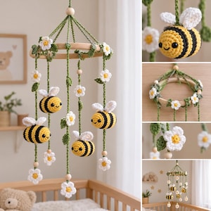 May include: A hanging mobile featuring crocheted yellow and black striped bees with white wings, interspersed with white crocheted flowers and green leaves on green yarn strands, suspended from a circular wooden ring with wooden beads.