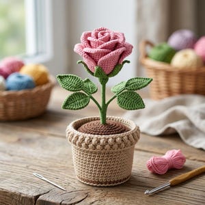 Puede incluir: Una rosa de ganchillo hecha a mano en una maceta beige. La rosa rosa tiene hojas verdes y un tallo marrón. La maceta es beige con un borde decorativo. Un ganchillo y lana están sobre una superficie de madera.