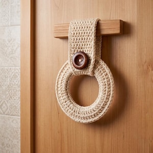 Peut inclure: Un anneau à serviette en crochet beige avec un motif de points texturés et un bouton en bois circulaire marron foncé au centre supérieur. L'anneau est suspendu à une barre en bois horizontale de couleur claire, formant une boucle fonctionnelle.