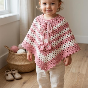 Puede incluir: Un poncho de ganchillo con un patrón de rayas en rosa empolvado y blanco crema en un punto granny clásico. La prenda incluye un cuello redondo con un cordón ajustable terminado con dos pequeñas flores de ganchillo en los extremos.