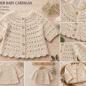 May include: A cream-colored crochet baby cardigan featuring a round neckline, short sleeves, and a scalloped hem. The garment is fastened with five small wooden buttons down the front. The text reads: SUMMER BABY CARDIGAN A Crochet Pattern Sizes 0-12 Months.
