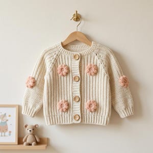 May include: Cream-colored, button-down cardigan sweater with pink flower appliqués. The sweater is made of a chunky knit material and features wooden buttons. The flowers are placed on the front and sleeves. The sweater is hanging on a wooden hanger.