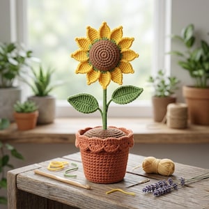 May include: A handcrafted crochet sunflower in a terracotta-colored pot. The sunflower features yellow petals, a brown center, and green leaves and stem. The pot has a scalloped edge. The scene is set on a wooden table with other craft supplies.