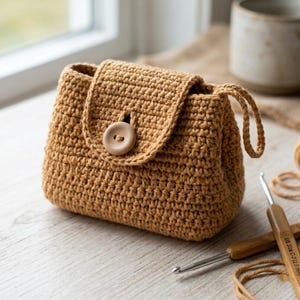 Può includere: Una piccola pochette all'uncinetto color marrone chiaro con una patta chiusa da un singolo bottone rotondo. La pochette presenta un motivo a maglia testurizzato e un piccolo manico ad anello sul lato, accompagnata da un uncinetto in legno.
