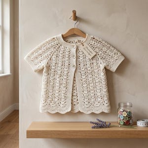 Puede incluir: Rebeca de crochet color crema, de manga corta y bajo festoneado, colgada de una percha de madera. La rebeca tiene un delicado diseño calado y está abotonada. Una etiqueta dice "Handcrafted Lace Cardigan".