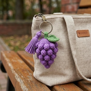 May include: A beige canvas tote bag with a brown leather tag labeled HANDMADE. Attached to the metal zipper pull is a crochet keychain featuring a cluster of purple grapes with a green leaf and a matching purple tassel hanging from the ring.