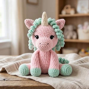 May include: A handmade crochet unicorn in soft pink with mint green accents. The unicorn has a cream-colored horn, black eyes, and mint green curly hair. It is sitting on a neutral-colored fabric.