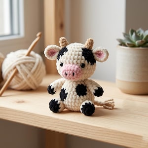 May include: A handmade crochet cow with a black and white pattern, pink nose, and small horns. The plush toy is sitting on a wooden shelf. A ball of yarn and a succulent plant in a ceramic pot are in the background.