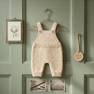Può includere: Salopette per neonato color crema fatta a mano con bottoni in legno, appesa a una gruccia dorata. Sono visibili anche una stampa botanica incorniciata e un'etichetta di legno con la scritta "HANDMADE 100% Cotton Newborn". La salopette è realizzata in materiale a maglia.