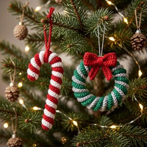 May include: Two crocheted Christmas ornaments hanging from a tree. One is a candy cane with red and white stripes and a red yarn loop. The other is a circular wreath with alternating green and silver yarn strands, topped with a red crocheted bow.