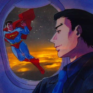 May include: A rectangular print featuring a dark-haired individual in a dark suit and blue tie looking out an airplane window. Outside the window, a figure in a blue suit with a red cape and yellow emblem flies against a sunset sky and stars.