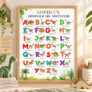 Puede incluir: Una lámina educativa enmarcada titulada SOPHIA'S DINOSAUR ABC ADVENTURE. El póster presenta letras coloridas de la A a la Z, cada una emparejada con una ilustración de dinosaurio y su nombre, sobre un fondo blanco con follaje verde.