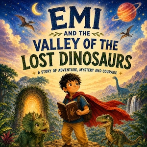 Puede incluir: Una portada de libro titulada EMI AND THE VALLEY OF THE LOST DINOSAURS A STORY OF ADVENTURE, MYSTERY AND COURAGE. Muestra a un niño de cabello oscuro con una capa roja y camisa azul, sosteniendo un libro abierto rodeado de dinosaurios en un paisaje.