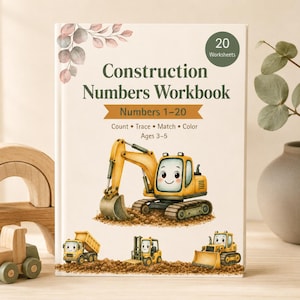Number Worksheets 1-20 | Preschool Math Activities | Printable Workbook | Count Trace Color | Construction Theme | Ages 3-5