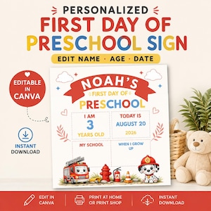 Puede incluir: Una plantilla de letrero para el primer día de preescolar con temática de bomberos y un cachorro dálmata con casco. El texto incluye Noah's First Day of Preschool, I am 3 years old, Today is August 20, 2026, My School y When I Grow Up.