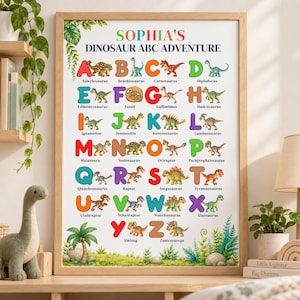 May include: A framed educational poster titled SOPHIA'S DINOSAUR ABC ADVENTURE, featuring colorful letters from A to Z paired with illustrations of various dinosaurs and their names, set against a white background with green foliage accents.