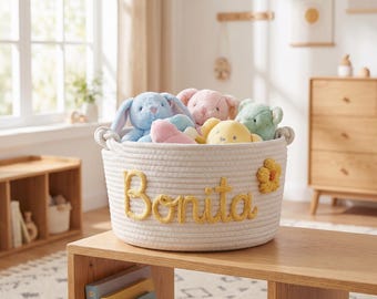Cesto de bebê trançado à mão, com nome personalizado, organizador de brinquedos para berçário, presente para chá de bebê