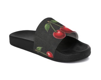 Sandalias de Cerezas para Mujer, Chanclas Negras de Verano, Cherry Slides Estilo Y2K, Calzado de Playa Cómodo, Regalo para Ella