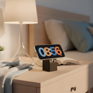 Puede incluir: Un smartphone que muestra la hora 08:56 descansa sobre un soporte para teléfono marrón oscuro. El teléfono está sobre una mesita de noche de color claro, junto a una lámpara con una pantalla beige. También hay una manta doblada y un libro abierto.
