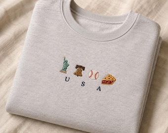 USA Embroidered Sweatshirt, Mini American Icons Crewneck, Patriotic Shirt, Statue Liberty Baseball Pie Embroidery, USA Gift