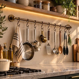 May include: A brass-toned kitchen rail mounted on a wall with S-hooks holding a striped kitchen towel, a stainless steel pan, a small metal pot, measuring cups, a metal spatula, a ladle, a wooden spoon, black tongs, and a bundle of herbs.
