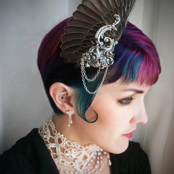 Bird Wing hair fascinator in neutral brown with iridescent black and antique silver. Art Deco. Unique wedding. FREE SHIPPING