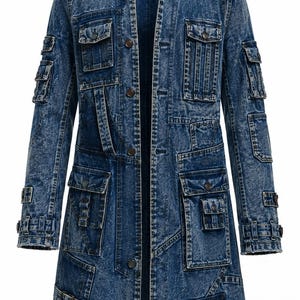 May include: A long-length denim jacket in a medium blue acid wash finish. The jacket features a stand-up collar, shoulder epaulets, and multiple utility pockets on the chest and sleeves. It includes button closures and adjustable buckle straps.