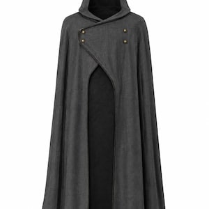 May include: A charcoal gray hooded cloak featuring a structured collar with four metallic gold-toned buttons arranged in two pairs. The garment has an open front design revealing a solid black interior lining and a long, flowing silhouette.