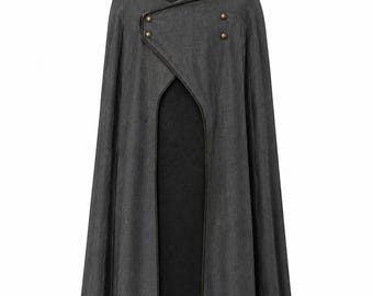 May include: A charcoal gray hooded cloak featuring a structured collar with four metallic gold-toned buttons arranged in two pairs. The garment has an open front design revealing a solid black interior lining and a long, flowing silhouette.