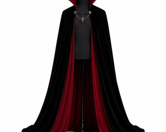 Black Velvet Vampire Cloak, Red Lined Gothic Cape, Halloween Costume, Renaissance Fantasy