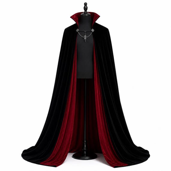 Black Velvet Vampire Cloak, Red Lined Gothic Cape, Halloween Costume, Renaissance Fantasy