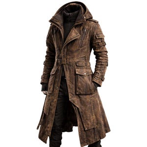 May include: A long, distressed brown coat featuring a hood, multiple utility pockets with flaps, zippered chest compartments, and a buckled waist belt. The garment includes adjustable straps on the sleeves and a structured collar over a dark inner layer.