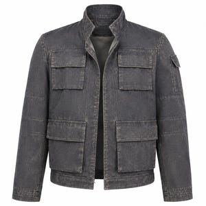May include: A charcoal-colored denim jacket with a stand-up collar and multiple front pockets. The jacket has a faded, worn appearance and a tailored fit. The design includes two chest pockets, two lower pockets, and a small pocket on the left sleeve.