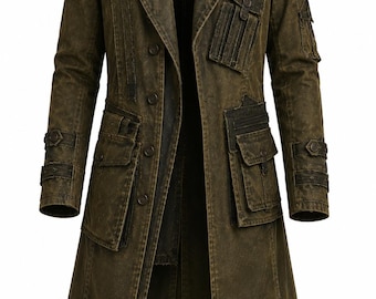 May include: A long, olive-brown coat featuring a stand-up collar, a button-front closure, and multiple utility pockets on the chest and waist. The sleeves include adjustable buttoned straps at the cuffs, and the fabric has a weathered texture.