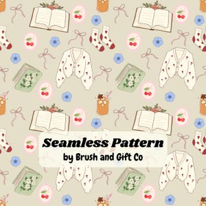 Peut inclure: Motif sans couture avec des éléments répétés : livres ouverts, cardigans fleuris, chaussettes à cœurs, cerises, fleurs bleues et nœuds. Le texte indique "Seamless Pattern by Brush and Gift Co".