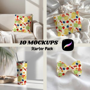 May include: A collection of mockups featuring a fruit pattern. Includes a pillow, a zippered pouch, a tumbler, and a bow. The fruit pattern includes watermelon, lemon, lime, cherries, and blueberries on a dotted background. The text "10 Mockups Starter Pack" is also visible.