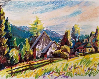 Día soleado. Pintura al pastel al aire libre, paisaje de pueblos de montaña, regalo único para amantes de la naturaleza.