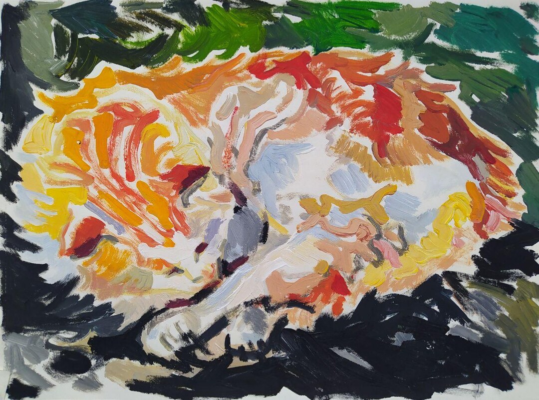 Contemporary Abstract Cat Painting, Original Expressionist Gouache ...