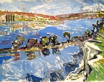 Dnipro. Pintura original en gouache del río, obra de arte de paisaje acuático azul, paisaje al aire libre, decoración de pared ribereña, pintura única.