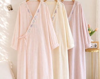 Women’s Cotton Gauze Nightgown, Embroidered Vintage Sleep Dress, Soft Loose Fit Cottagecore Lounge Dress, Gift for Her