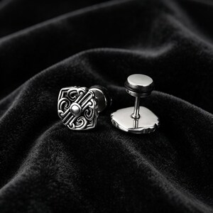 Antique Silver Celtic Scroll Square Barbell Stud Earrings for Men, Retro Tribal Pattern Piercing Ear Jewelry, CH Gothic Punk Earrings