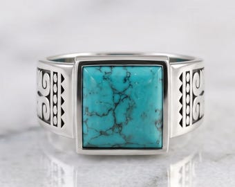 Men's Turquoise Ring, 925 Sterling Silver Signet Ring, Square Gemstone Tribal Statement Jewelry
