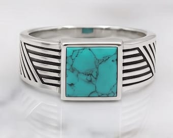Anello turchese blu, anello a sigillo artigianale, gioiello minimalista di tendenza, regalo per lui