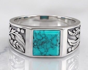 925 Sterling Silver Turquoise Signet Ring, Leaf Engraved Men's Ring, Birthday Gift For Men