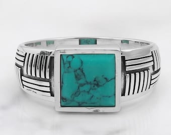 Anello con turchese naturale, anello a sigillo in argento sterling 925, gioiello maschile moderno e geometrico.