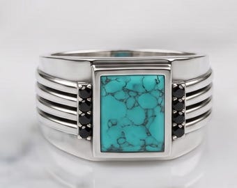 925 Silver Turquoise Black Onyx Ring, Handmade Signet Ring, Southwestern Jewelry, Gift for Husband