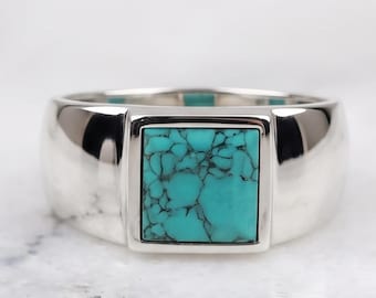 925 Sterling Silver Square Turquoise Signet Ring, Natural Blue Gemstone Men's