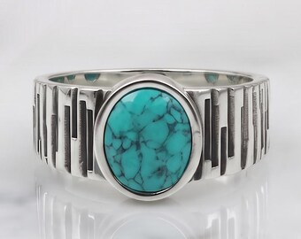 Anello da uomo con turchese, gioiello ovale con gemma naturale, anello vistoso in argento sterling 925