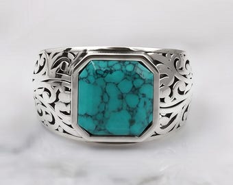 Blue Turquoise Signet Ring, Handmade Gemstone Ring ,925  Sterling Silver Jewelry, Gift For Him